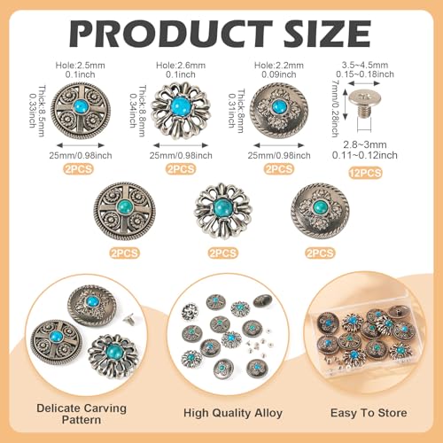 12 Sets Turquoise schroef terug Rivets lederen Rivet Antiek zilveren knop Decoratie Stud Rivets voor Purse handtas Schoenen leren Craft Kleding Belt