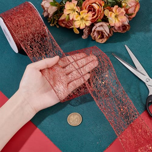 Sparkling Glitter Mesh Ribbon, 6,3cm brede bedrade rand Kerstlint Sparkling Stof Ribbon voor Home Decor, Bow, Gift Wrapping, Naaiaccessoires, Rood 3