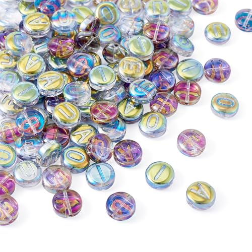 100 st 10mm glazen brief kralen A-E-I-O-U 10mm platte ronde glazen spacer kralen, Transparante middelgrote paarse brief Spacing kralen, Bulk voor het knutselen, Supply armband, sieraden maken