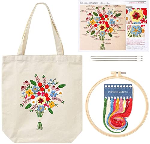 Canvas tote zak borduurwerk set met patroon en handmatig, inclusief bloemen borduurzak, bamboe borduurwerk frame, gekleurde borduurdraad en gereedschappen