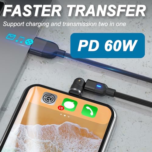 7-pins PD 60 W magnetische oplaadkabel, 540° draaibare Type-C naar Type-C magnetische telefoonkabel met LED-lampje, met 7-pins Type-C magnetische tips 5