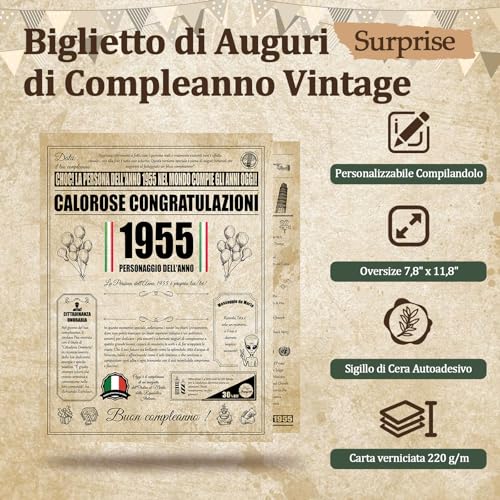 Biglietto Auguri Compleanno 70 Anni - Personalizzata Idea Regalo Compleanno Originelen voor Uomo e Donne, Biglietti di Auguri Vintage met Busta voor Mamma, Papà, Amico, Famiglia, Nonno (1955)