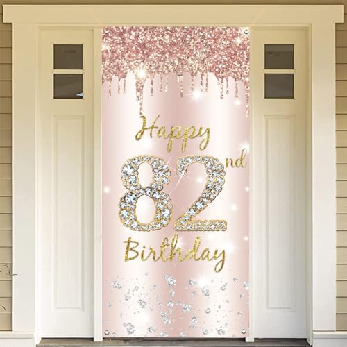 82e verjaardag Decoratie Vrouwen, Gelukkig 82e verjaardag Deur Banner Rose Gold,82e Verjaardag Stof Tekenposter Deur Decoratie,82e verjaardag Achtergrond Banner Dames,Voerdag Partij Welkom Teken