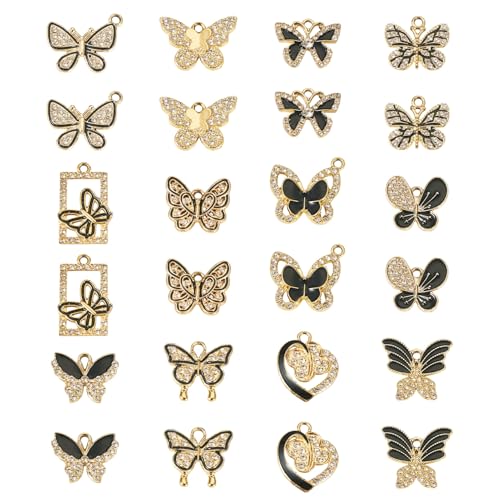 24Pcs Vlinder Strass Bedels Legering Emaille Vlinder Hangers Gouden/Zwarte Insect Sieraden Charm Voor Diy Ketting Oorbel Sieraden Maken, Emaille Stras