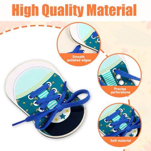 Pack van 2 houten Lace Up Schoenen Bow Leather Kids Oefenen Threading en Tyring Laces Kids Oefenen Lacing Leather Board Speelgoed (blauw) 5