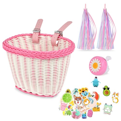 Fietsmand voor kinderen en meisjes Front - Afneembare, gevlochten van Rattan met lederen riemen, Streamers, Fietsbel en Sticker