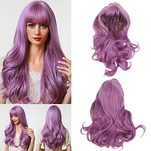 Lange golvende pruik voor vrouwen natuurlijke synthetische pruiken op hoge temperatuur mode golven pruik met benen voor Cosplay kostuum Halloween Party Daily Wear (Paars)