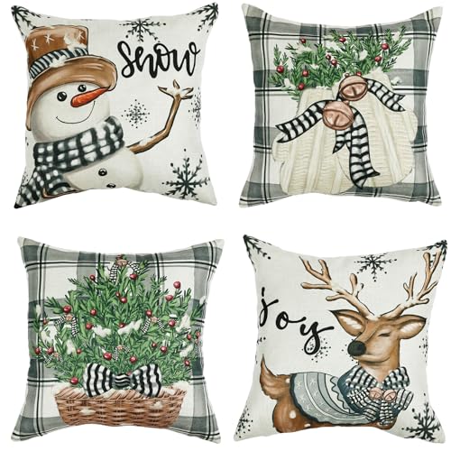 Set van 4 Kussenhoesjes Kerst - Snowman Rendier Kerst Decoratie Linnen Kussenkussens 40 x 40 cm, Geschikt voor Slaapkamer, Bank, Woonkamer, Kantoor, Kussenhoes (Grey Grid)