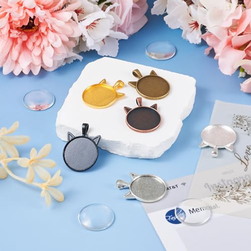 24 Set Kitten Hanger Maken Kit 25 mm Kat Cabochon Instellingen Dier Legering Hanger Trays Transparant Glas Cabochons voor Scrapbooking Sieraden Kunst Maken Telefoon Case Accessoires Craft 4