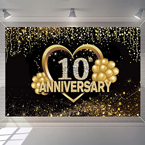 Happy 10th Anniversary Decoration Banner, 10th Bruiloft Anniversary Party Supplies Fabric Sign Poster, zwart en goud achtergrond Decor Photo Achtergrond Welkom Sign, 150cmx90cm