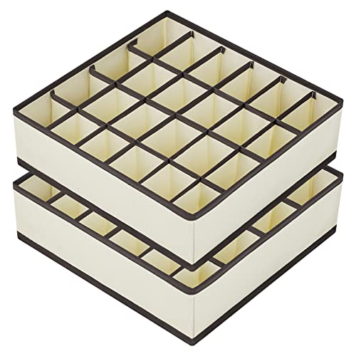 Verpakking van 2 opslagdozen voor ondergoed en andere kleine accessoires, 24 cellen, opvouwbare ladeverdelers voor het opslaan van sokken, sjaals, beha's (Beige)