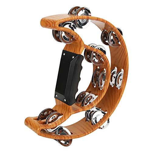 8 Inch Dubbele Roei Tamboerijn voor Kerk, Christelijke Dans, Volwassenen - Houten Halvemaan Tafelbel met Ergonomische Handgreep, Lederen Houten Hals - Metalen Jingles
