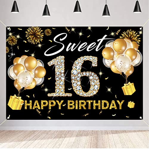16e verjaardag decoratie meisjes,16e verjaardag banner zwart en goud stof teken poster, Gelukkig 16 Verjaardag achtergrond banner meisje verjaardag feest decoratie