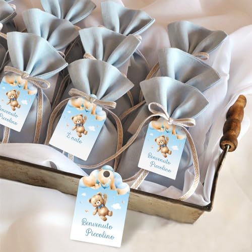 60 stuks etiketten voor baby geboorte in het Italiaans met touw (jongens) 3