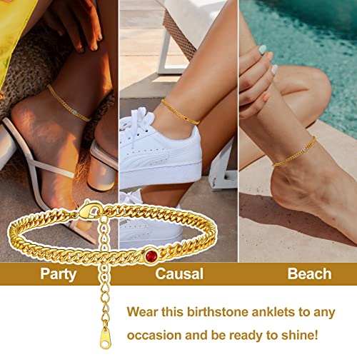 Gouden ronde hart enkel armband met geboortesteen voor vrouwen, 12 maanden Sparkling Crystal Enkelband Anniversary sieraden voor haar, verjaardag ketting voor moeder dochter, steen, synthetische robijn