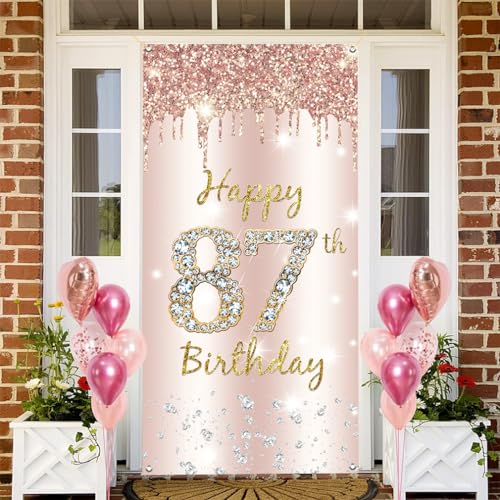 87e verjaardag decoratie vrouwen, Happy 87th Birthday deur banner roségoud, 87e verjaardag stof bord poster deurdecoratie, 87e verjaardag achtergrond banner dames, verjaardagsfeest welkomstbord 3