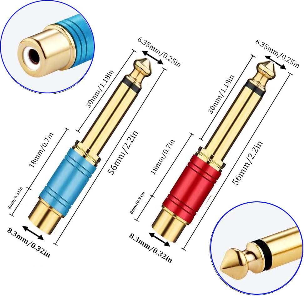 2 st. 6.35mm Plug Mono TS to RCA Tulip Plug Interconnect Audio Adapter, Cinch to 6.35mm Audio Adapter, Female RCA Jack to 6.35mm 1/4 Inch Mono Mannelijke plug
