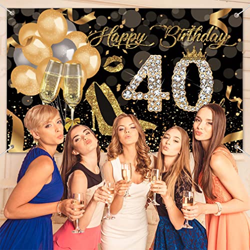 40e verjaardag decoratie verjaardag decoratie voor vrouwen / vrouwen, gelukkig 40e Verjaardag Banner Stof Tekenposter Foto Booth Achtergrond voor 40e verjaardag feest, ballon, hoge hakken en Champagne glas 5