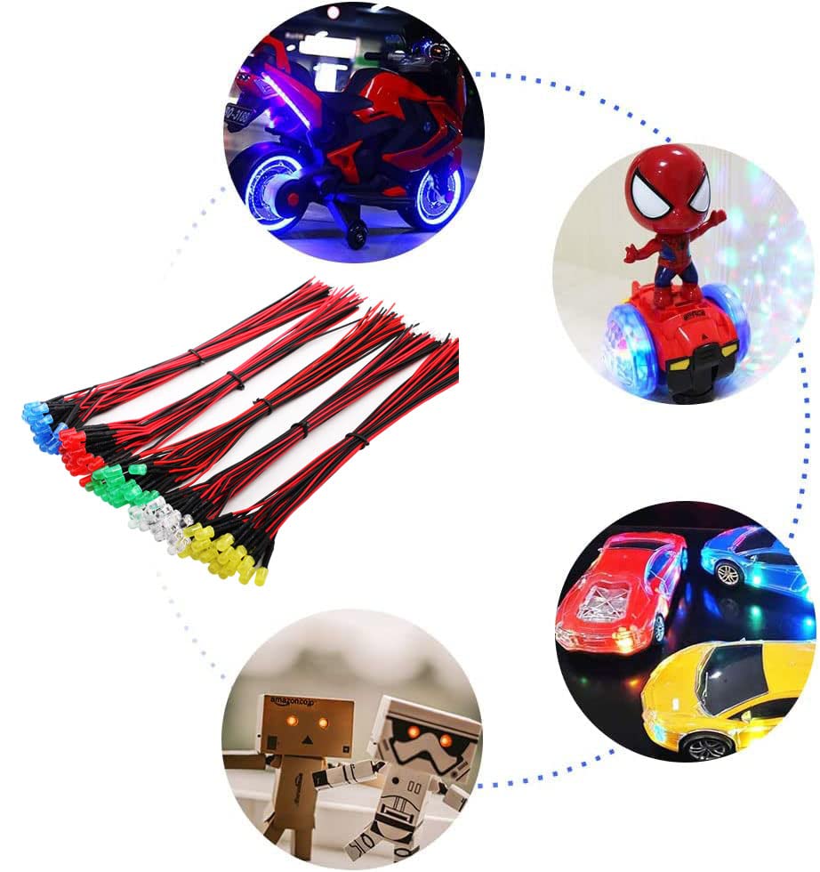 100st 5mm 3V-9V-12V LED diode, LED met kabel 12V, Model Railway H0 Verlichting RC Model Making LED Diodes Light + 100st 5mm LED Montage Ringen Plastic (rood, geel, groen, wit 4