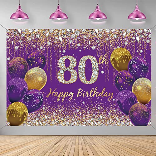 Verjaardag decoratie voor vrouwen, paarse glitter vlekken stof affiche verjaardag feest decoratie, 80e verjaardag achtergrond banner vrouw, verjaardag feest decoratie