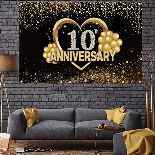 Happy 10th Anniversary Decoration Banner, 10th Bruiloft Anniversary Party Supplies Fabric Sign Poster, zwart en goud achtergrond Decor Photo Achtergrond Welkom Sign, 150cmx90cm 4