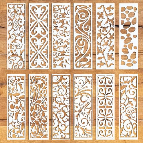 12 Stuks Rand Stencils voor het schilderen, Sjabloon Sheet Stencil, Herbruikbare Meubilair Cake Decoratieve Templates Texture Templates Tekening Template voor Houten Wand DIY Papier