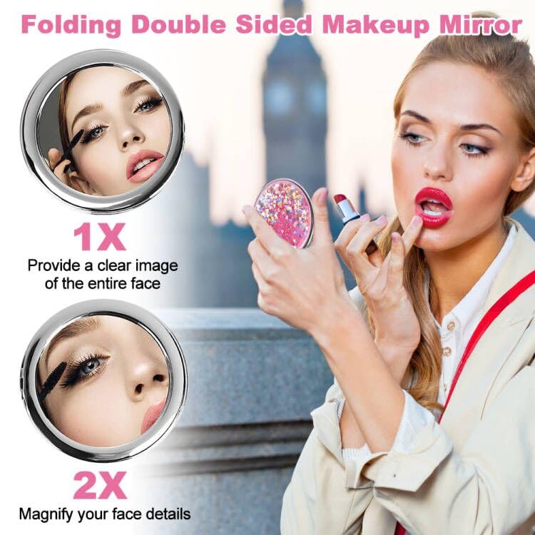 Compacte spiegel, Mini-vouwen Dubbelzijdige make-up spiegel reizen met multi-functionele lippenborstel, draagbare ronde zak spiegel voor handtas vrouwen meisjes mama verjaardag geschenk