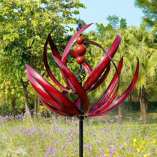 Sea Wind Spinner 360 Degree roterende metalen tuin Spinners, Dikte Rod Windy Ornaments, Lotus Verschijning Spinning Sculptuur voor gazons / Patio / tuin decoratie - rood 5
