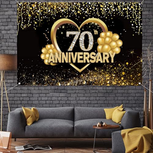 Gelukkige 70e verjaardag achtergrond decoraties, Gelukkig 70e verjaardag banner, 70e verjaardag feest poster accessoires stof board poster, zwart goud jubileum koeko foto achtergrond 5