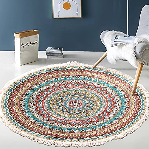 Vintage Boho Cotton Rugs Mandala Patroon Wasbare hand geweven, Boheemse Ronde Rug met Tassels voor Slaapkamer, Hal, Woonkamer, Koffietafel, Vloermatten, Machine Wasbaar 60cm, Bloemen #12