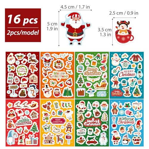 16 Vellen Kerstmis Stickers decoreren Kerstmis Zelfklevende papieren Stickers voor het knutselen Scrapbook Party Bag Stocking Fillers Envelop Card Making