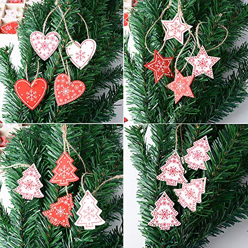 SERWOO Set van 48 Houten Kerstversieringen met Hole Kerstboom + 2 Opbergdozen + 5 Touwen Ornament Kerstaccessoires Kerstversiering Boomboom (12 Modellen) 5