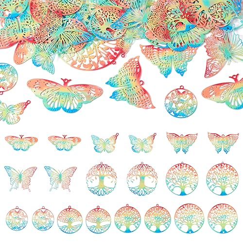 201 Roestvrij stalen Charm Hangers Regenboog kleur Filigree Etched metalen decoraties Holle connector voor sieraden maken, roestvrij staal