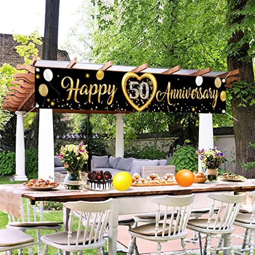 Happy 50th Anniversary Banner, 50th Bruiloft Anniversary Party Decoration Party Poster Garden/Yard/Wall/Table/Cake Decor Fabric Sign Poster, Black Gold Party Wekelome Teken 300cm x 50cm 4