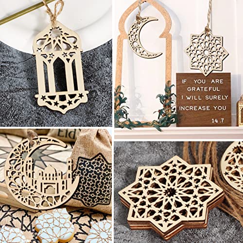 24st Eid Ramadan Houten Decoratie Maan Star Wind Licht Kasteel Vorm Ornament Eid Hangende Decoraties voor Home Mubarak Party Supply 4