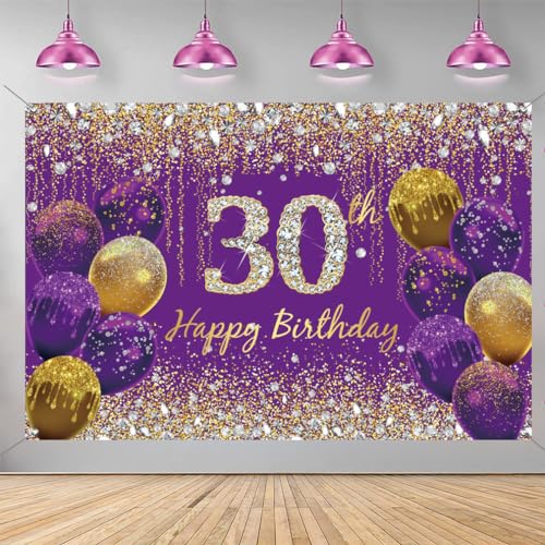 30e verjaardag decoratie voor vrouwen, paarse glitter vlekken stof teken poster verjaardag feest decoratie, 30e verjaardag achtergrond banner vrouw, 30e verjaardag feest decoratie