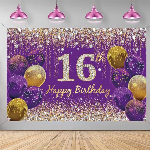 16e verjaardag decoratie voor meisjes, paarse glitter vlekken stof teken poster verjaardag feest decoratie, 16e verjaardag achtergrond Banner meisjes, 16 verjaardag feest decoratie