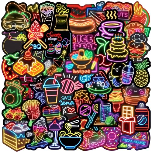 Neon voedingsstickers voor jongeren en volwassenen, 50 stuks, Delicious Food, vinyl stickerset, auto, motorfiets, fiets, skateboard, snowboard, bagage, laptop, koffer, roer, motorfiets, computer