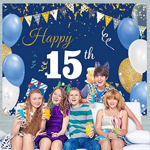 15e Verjaardag Decoraties voor jongens / meisje, 15 jaar oude achtergrond Banner Stof Tekenposter, Gelukkig 15e Verjaardag Partij levert Blauwe Fotografie Achtergrond Welkom Teken, 150cmx90cm 5