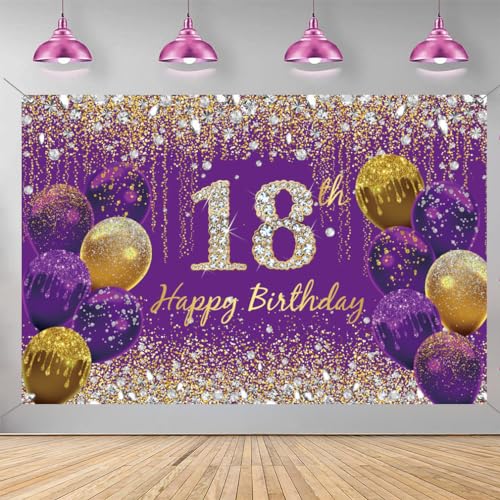 18e verjaardag decoratie voor meisjes, paarse glitter vlekken stof teken poster verjaardag feest decoratie, 18e verjaardag achtergrond Banner meisjes, 18e verjaardag feest decoratie