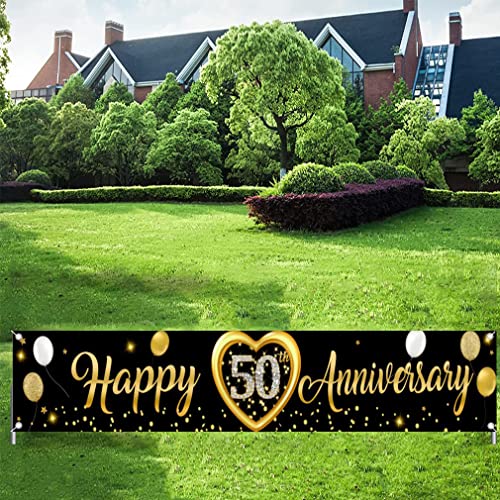Happy 50th Anniversary Banner, 50th Bruiloft Anniversary Party Decoration Party Poster Garden/Yard/Wall/Table/Cake Decor Fabric Sign Poster, Black Gold Party Wekelome Teken 300cm x 50cm