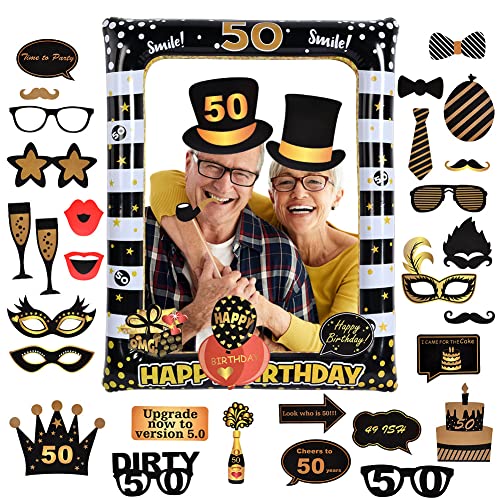 50e verjaardag Opblaasbare Frame, Foto Booth Props, Black Gold Verjaardag Party Opblaasbare Selfie Photo Frame, Grappige Selfie Props Kit, Verjaardagsfeest decoratie familie