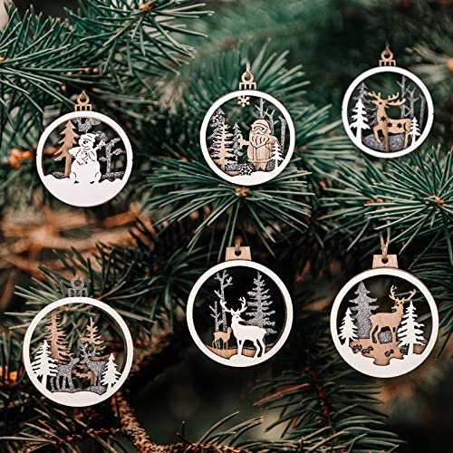 9 stuks Hangende houten kerstboom ornamenten, Ronde kerstversieringen met Elk Santa Claus Snowman Hollow Decor Farm Decoraties voor kerstboom Wintervakantie 5