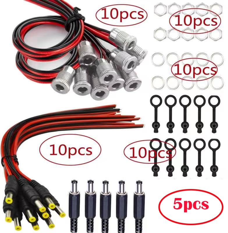 DC 12V Hollow Plug 5.5 MMX 2.1mm Adapter set, 10 x DCPower Jack Socket Low Voltage Connector (met Kabel) 5 x Holle Plug 5.5 x 2.1, 10 x DC Montage Connector, 10 x Rubber
