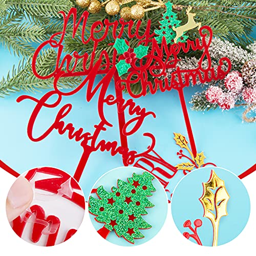 9 stuks Kersttaart decoratie set acryl rood Vrolijk kersttaart toppers met verschillende patronen cake tops Kersttaart topper taart stok Kersttaart decoratie voor Kerstmis feest etc 4