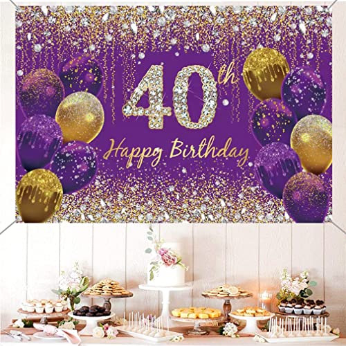 Verjaardag decoratie voor vrouwen, paarse glitter vlekken stof schild poster verjaardag feest decoratie, 40e verjaardag achtergrond banner vrouw, 40e verjaardag feest decoratie 4