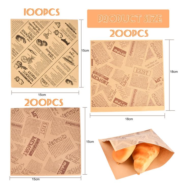 Voedingspapier, 200st Burgertassen, 15x15cm Voedingsverpakkingspapier, Geolied voedselpapier voor Chips, Burgers, Sandwiches (B 18 x 18 cm 200 stuks)