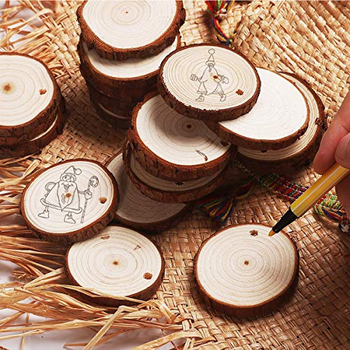 Verpakking van 10 natuurlijke houten schijven, 5-6 cm, rond, onbehandeld hout, schijfjes ongegrilde houten cirkels, boomschijf, houten schijven met schors, voor doe-het-zelf ambachten, kerstversiering, bruiloft 3