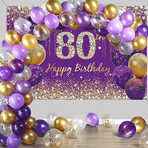 Verjaardag decoratie voor vrouwen, paarse glitter vlekken stof affiche verjaardag feest decoratie, 80e verjaardag achtergrond banner vrouw, verjaardag feest decoratie 3