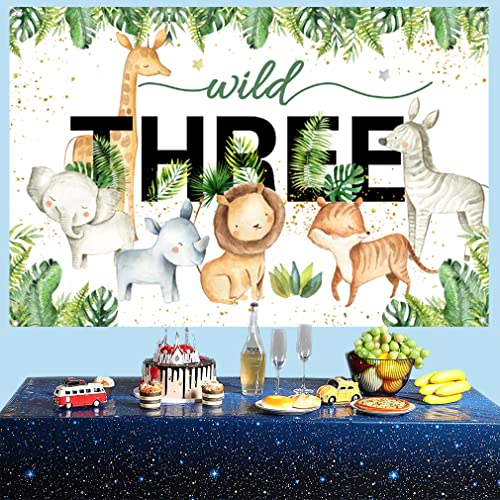 Safari Wild Drie achtergrond Tekenfilm Safari Dier Derde Verjaardag Partij Backdrop Jungle Jongen of Meisje 3e Verjaardag Partij Decoratie Fotografie Achtergrond Verjaardag Poster, 150cm x 90cm 3